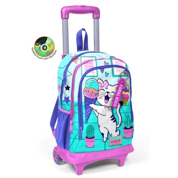 Coral High 23951 Kids Turkuaz Pembe Dondurmalı Kedi Desenli Üç Bölmeli Çekçekli Okul Sırt Çantası