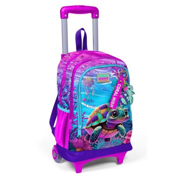 Coral High 23956 Kids Pembe Mor Kaplumbağa Desenli Üç Bölmeli Çekçekli Okul Sırt Çantası