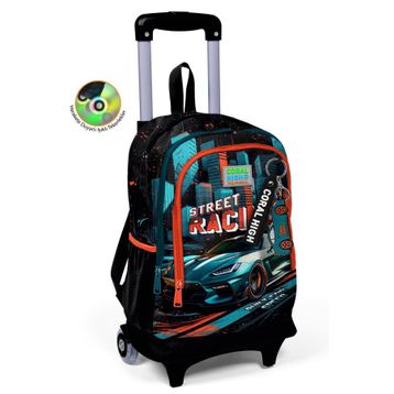Coral High 23965 Kids Siyah Nefti Yarış Arabası Desenli Üç Bölmeli Çekçekli Okul Sırt Çantası
