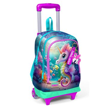 Coral High 23972 Kids Mavi Su Yeşili Denizatı Desenli 3 Bölmeli Çekçekli Okul Sırt Çantası