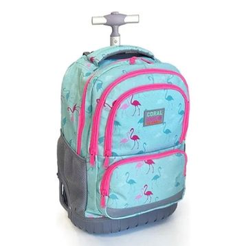 Coral High 24022 Kids Flamingo Desenli, Su Yeşili Renkli, İki Kademeli Çekçekli, Sırt ve Okul Çantası Okul Çantası