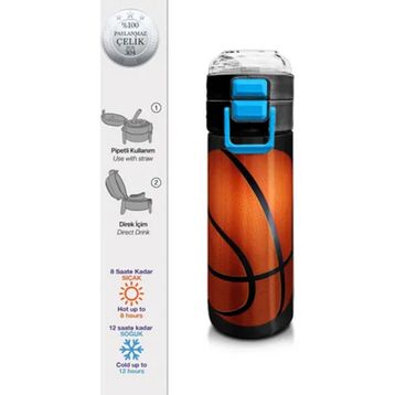 Coral High 500 ml 31795 Kids Siyah Basketbol Desenli Pipetli Çelik Termos