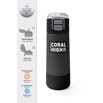 Coral High 500 ml 31824 Kids Koyu Gri Siyah Desenli Pipetli Çelik Termos