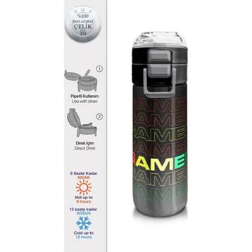 Coral High 500 ml 31853 Kids Siyah Gri Gamer Desenli Pipetli Çelik Termos