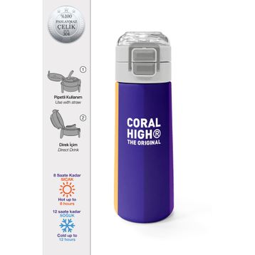 Coral High 500 ml 31874 Kids Renkli Çizgili Desenli Pipetli Çelik Termos