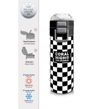 Coral High 500 ml 31877 Kids Siyah Beyaz Dama Desenli Pipetli Çelik Termos
