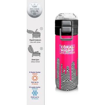 Coral High 500 ml 31878 Kids Pembe Siyah Beyazdesenli Pipetli Çelik Termos