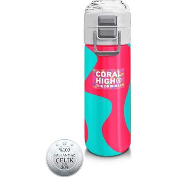 Coral High 500 ml 31885 Kids Neon Mercan Turuncu Desenli Pipetli Çelik Termos