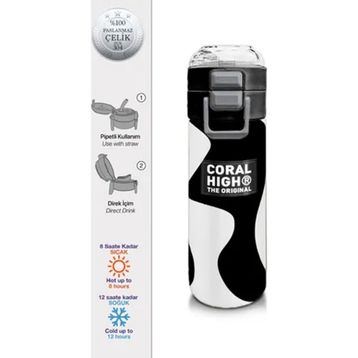 Coral High 500 ml 31887 Kids Siyah Beyaz Desenli Pipetli Çelik Termos