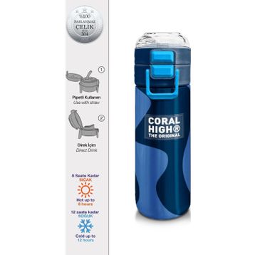 Coral High 500 ml 31888 Kids Lacivert Mavi Desenli Pipetli Çelik Termos