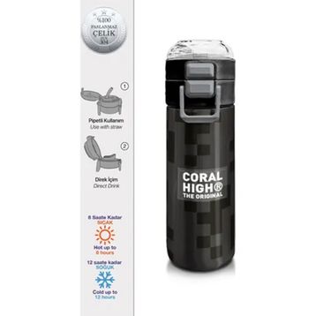Coral High 500 ml 31894 Kids Siyah Blok Desenli Pipetli Çelik Termos
