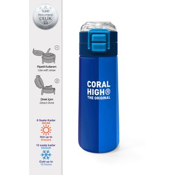 Coral High 500 ml 31895 Kids Renkli Çizgili Desenli Pipetli Çelik Termos
