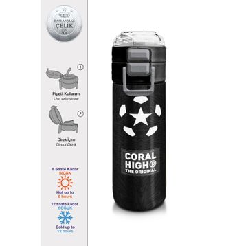 Coral High 500 ml 31898 Kids Siyah Futbol Desenli Pipetli Çelik Termos