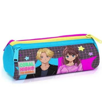 Coral High Gri Mavi Pembe Anime Desenli Üç Bölmeli Kalem Çantası
