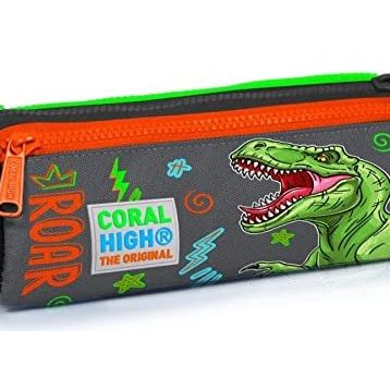 Coral High Gri Yeşil T-Rex Üç Bölmeli Kalem Çantası -Erkek Çocuk Kalemlik Kalemli