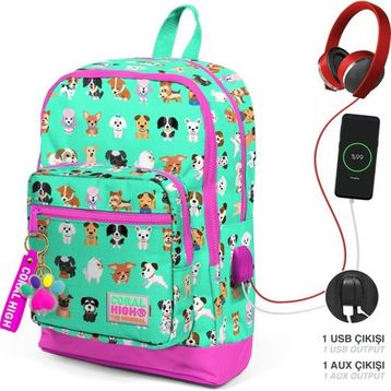 Coral High Kadın Su Yeşili Köpek Desenli Usb Şarjlı Kulaklık Çıkışlı Okul Sırt Çantası 23266 K74 Okul Çantası