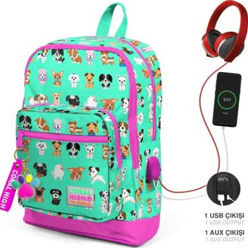 Coral High Kadın Su Yeşili Köpek Desenli Usb Şarjlı Kulaklık Çıkışlı Okul Sırt Çantası 23266 K74 Okul Çantası