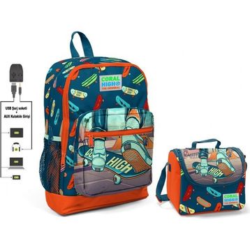 Coral High Kaykay Baskılı Okul Çantası ve Beslenme Çantası Seti - Erkek Çocuk - Usb Soketli Beslenme Çantası