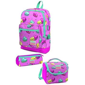 Coral High Kids Açık Pembe Su Yeşili Makaron Desenli USB'li 3’lü Kız Çocuk Okul Çanta Seti