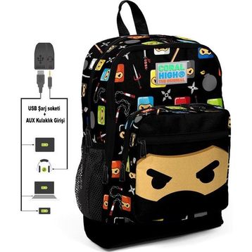 Coral High Kids Dört Gözlü Ninja Baskılı Usb + Aux Soketli İlkokul Okul Çantası