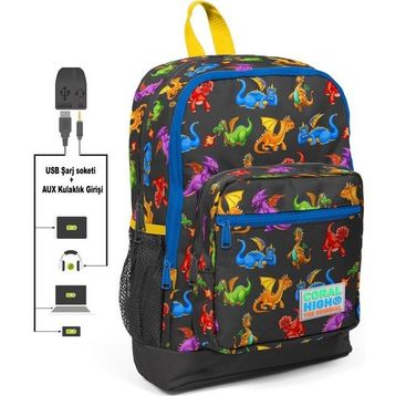 Coral High Kids Ejderha Baskılı Usb + Aux Soketli Dört Gözlü İlkokul Okul Çantası