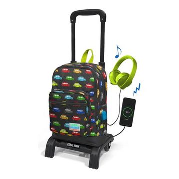 Coral High Kids Gri Araba Desenli USB Şarjlı Kulaklık Çıkışlı Okul Sırt Çantası