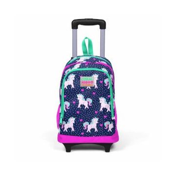 Coral High Kids Lacivert Pembe Unicorn Desenli Üç Bölmeli Işıklı Tekerlekli Çekçekli Sırt Çantası 23 23366 Okul Çantası