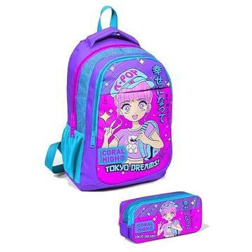Coral High Kids Mor Pembe Mavi Simli K-Pop Desenli 2Li Okul Canta Seti - Kiz Cocuk Okul Çanta