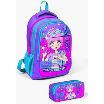 Coral High Kids Mor Pembe Mavi Simli K-Pop Desenli 2'li Okul Çanta Seti SET0214403 Okul Çanta