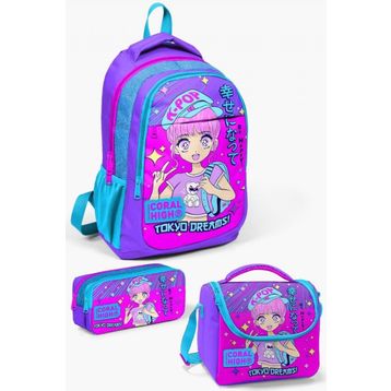 Coral High Kids Mor Pembe Mavi Simli K-Pop Desenli 3’Lu Okul Canta Seti - Kiz Cocuk Okul Çanta