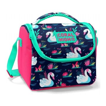 Coral High Kids Neon Mercan Lacivert Kuğu Desenli Thermo Beslenme Çantası