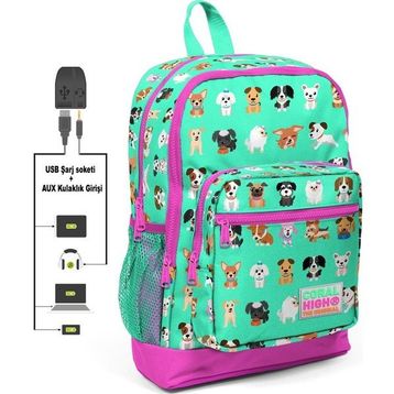 Coral High Kids Sevimli Köpekler Usb + Aux Soketli Dört Gözlü İlkokul Okul Çantası