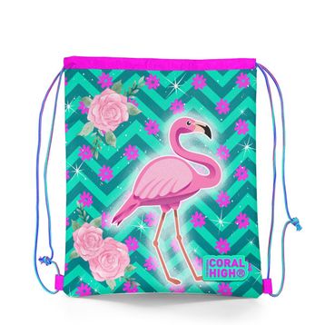 Coral High Kids Su Yeşili Pembe Flamingo Desenli Ipli Büzgülü Sırt Çantası 22481 Okul Çantası