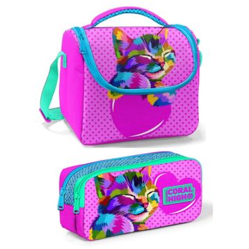 Coral High Kız Çocuk Pembe Mor Kedi Beslenme Çantası Seti