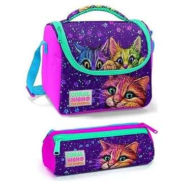 Coral High Kız Çocuk Pembe Mor Kedi Beslenme Çantası Seti