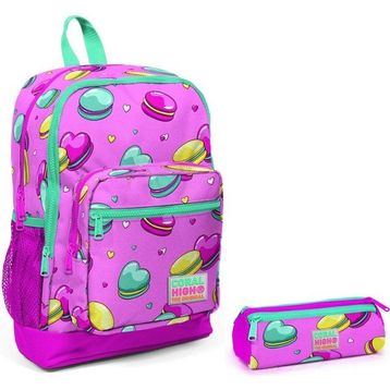 Coral High Pembe Makaron Kız Çocuk Ilkokul Çanta Seti - Sırt Çantası ve Kalemlik - Makaron Baskılı Okul Çantası