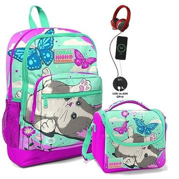 Coral High Sevimli Kedi ve Kelebek Kız Çocuk Usb Soketli Okul Beslenme Çantası