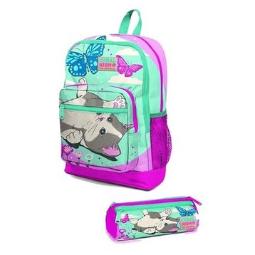 Coral High Su Yeşili Pembe Kedi Desenli 2'li Seti - Kız Çocuk Okul Çanta