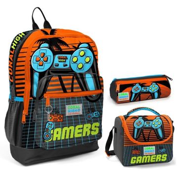 Coral High Turuncu Gamers Üçlü Ilkokul Okul Çanta Seti Okul Çanta