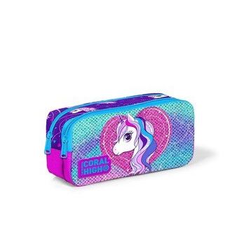 Coral High YGN22008 Mor Unicorn Baskılı Üç Bölmeli Kız Çocuk Kalem Çantası
