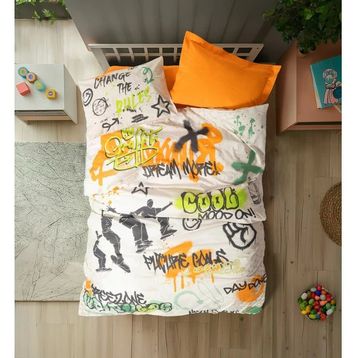 Cotton Box Genç Odası Tek Kişilik Lastikli Çarşaflı Graffiti Oranj Nevresim Takımı