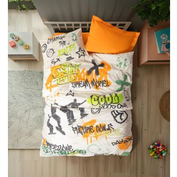 Cotton Box Genç Odası Tek Kişilik Lastikli Çarşaflı Graffiti Oranj Nevresim Takımı