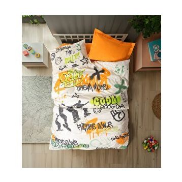 Cotton Box Genç Odası Tek Kişilik Lastikli Çarşaflı Graffiti Oranj Nevresim Takımı