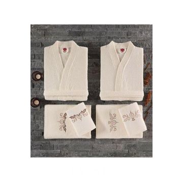 Cotton Box Nakıslı Krem Aile Bornoz Seti