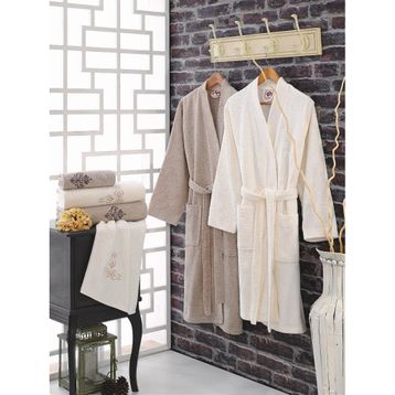 Cotton Box Nakıslı Krem Aile Bornoz Seti
