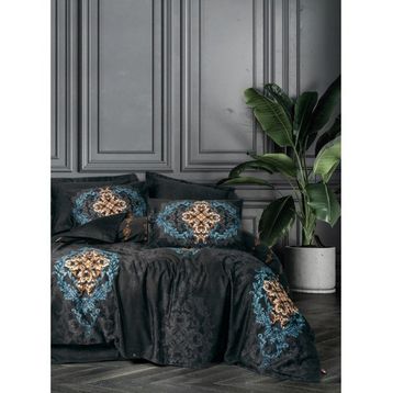 Cotton Box Palace Saray Modeli Pamuk Saten Çift Kişilik Dorhan Siyah 4 Yastıklı Nevresim Takımı