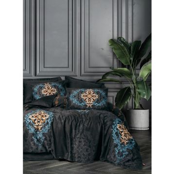 Cotton Box Palace Saray Modeli Pamuk Saten Çift Kişilik Dorhan Siyah 4 Yastıklı Nevresim Takımı