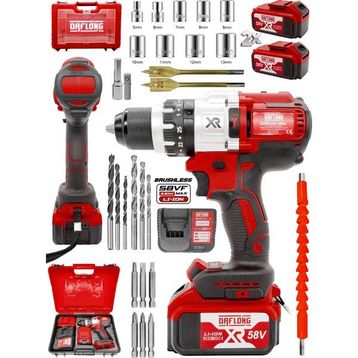 Daflong Brushless 58 V 5 Ah Çelik Şanzıman 10 Pilli Çift Akülü Darbeli Kırmızı Şarjlı Matkap
