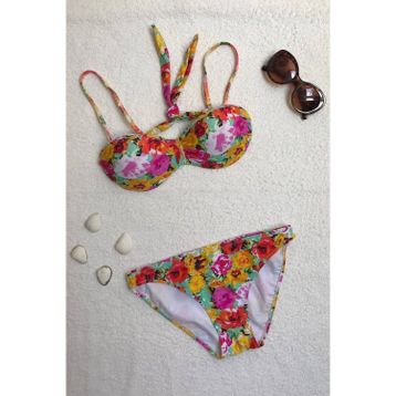 Dagi Straplez Destekli Push-up Çiçek Desenli Bikini Takımı