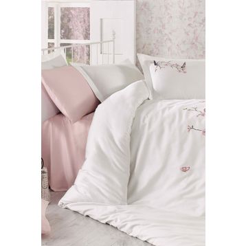 Dantela Butterfly 3d Nakışlı Pamuk Saten Krem Pudra Nevresim Takımı